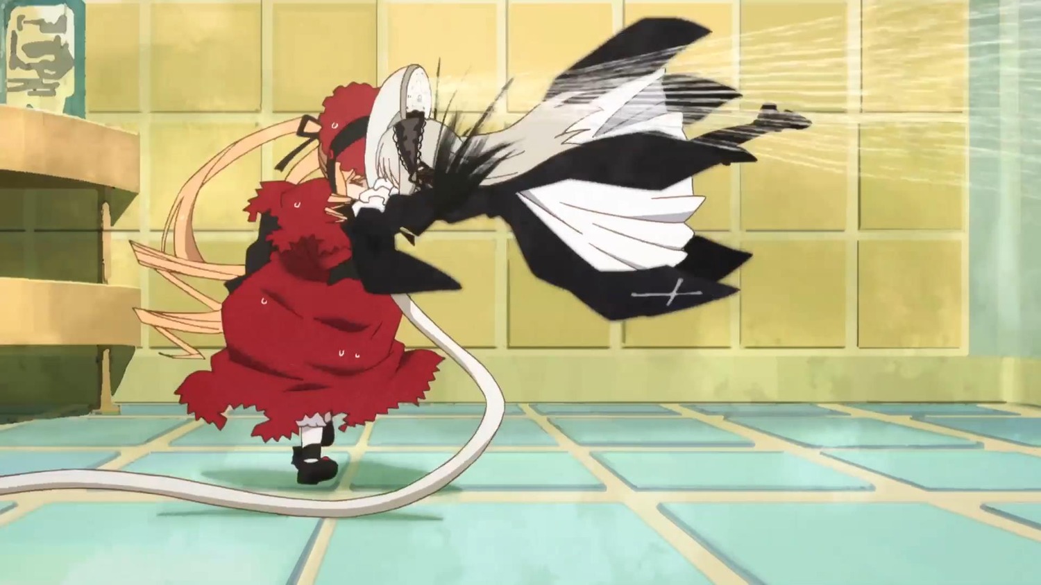 1girl black_dress dress image long_sleeves pair shinku solo standing suigintou tail tile_floor tiles