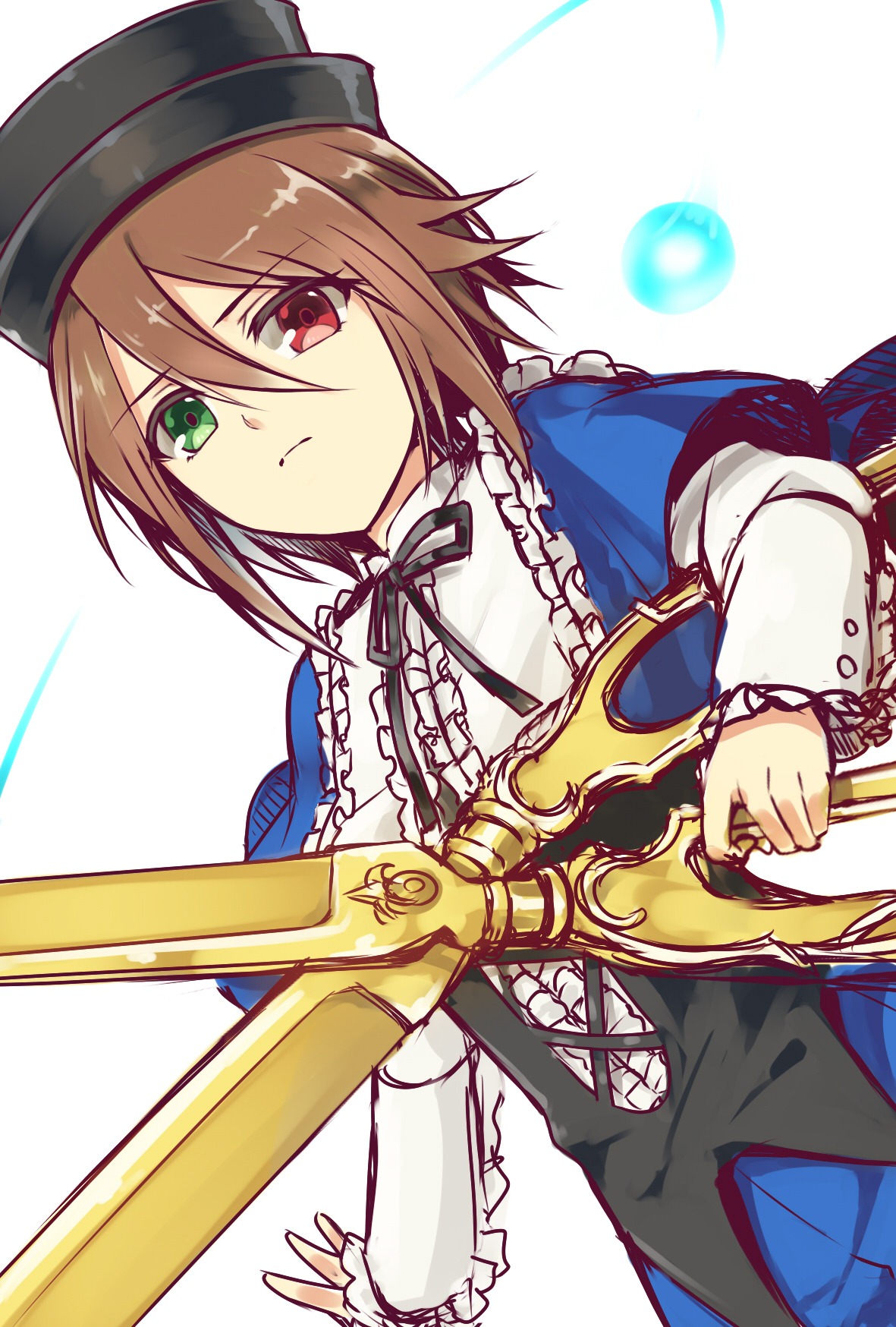 1girl black_headwear brown_hair frills green_eyes hair_between_eyes hat heterochromia holding holding_weapon image long_sleeves looking_at_viewer neck_ribbon red_eyes ribbon shirt short_hair solo souseiseki weapon white_background