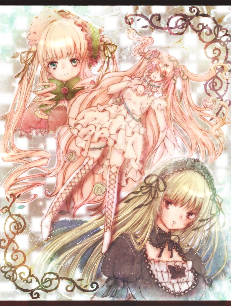 3girls blonde_hair blue_eyes bow dress flower frills hair_flower hairband image lolita_fashion long_hair looking_at_viewer multiple multiple_girls pink_hair red_eyes shinku smile tagme very_long_hair