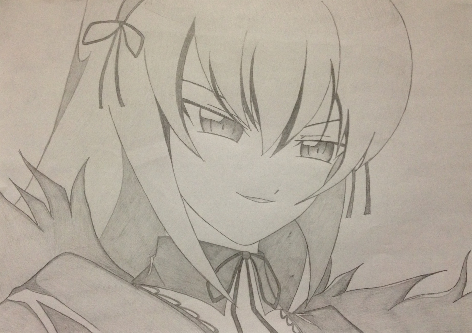 1girl akemi_homura face hair_ribbon image kaname_madoka looking_at_viewer monochrome ribbon simple_background smile solo suigintou tomoe_mami traditional_media