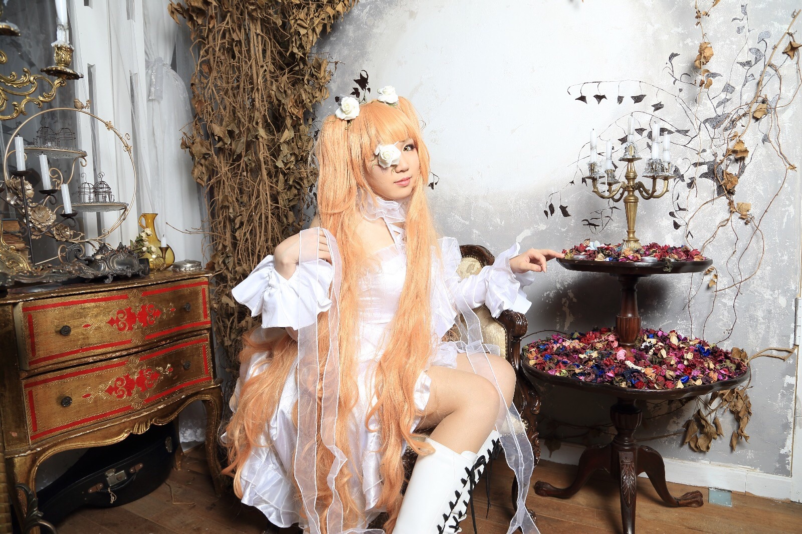 1girl bird blonde_hair candle kirakishou long_hair sitting solo very_long_hair