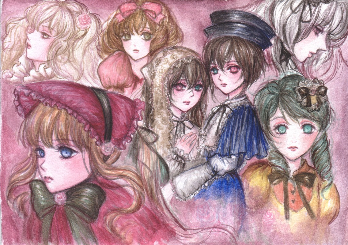 6+girls blonde_hair blue_eyes bow brown_hair frills green_hair hat heterochromia hina_ichigo image kanaria long_hair looking_at_viewer multiple multiple_girls pink_bow red_eyes shinku short_hair siblings sisters souseiseki suigintou suiseiseki tagme twins