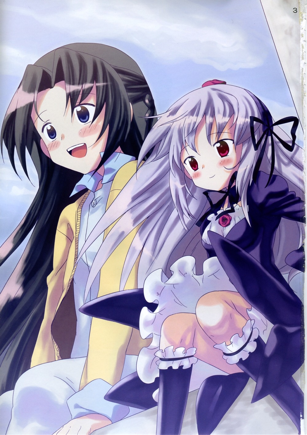 2girls black_hair blue_eyes blush doujinshi doujinshi_#96 dress image long_hair long_sleeves multiple multiple_girls open_mouth red_eyes ribbon sitting smile