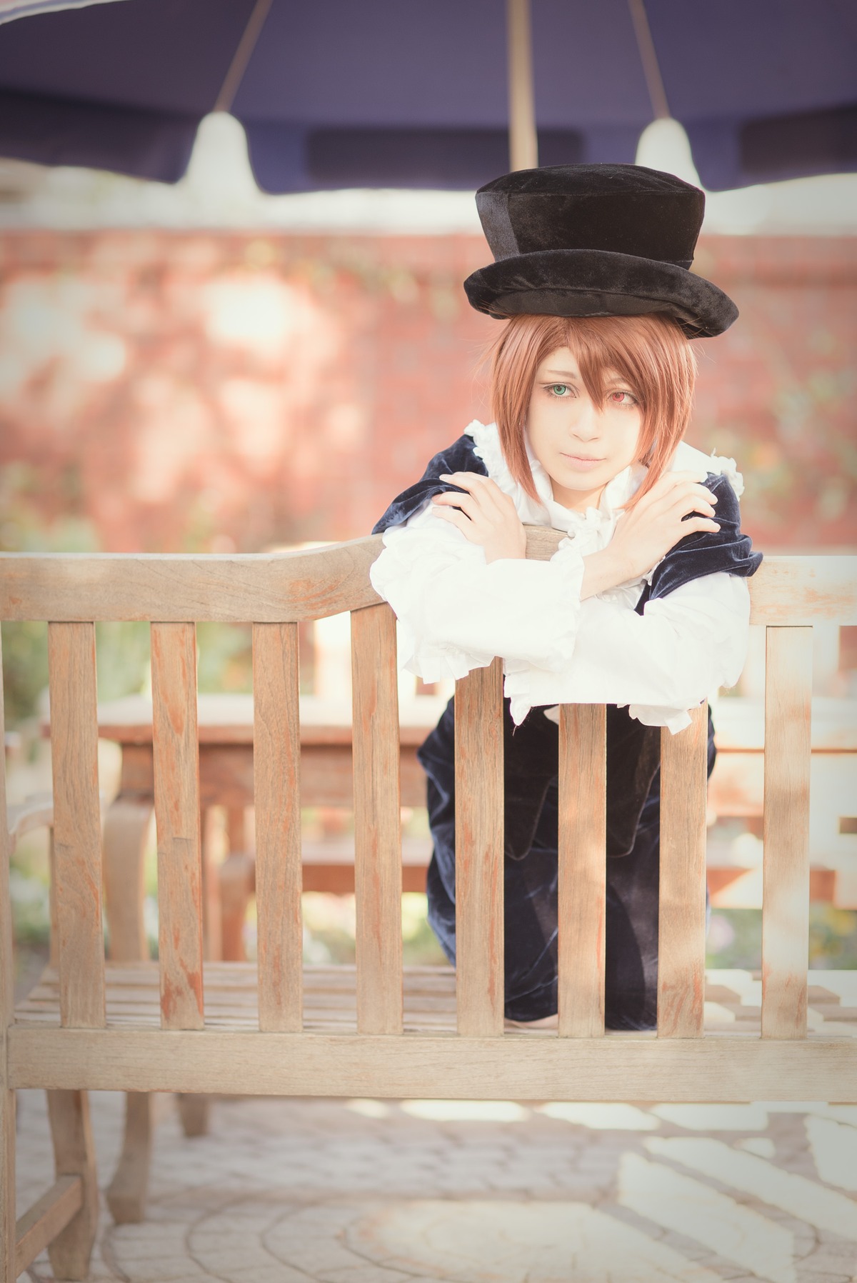 1girl blurry blurry_background curtains depth_of_field hat long_hair long_sleeves sitting solo souseiseki