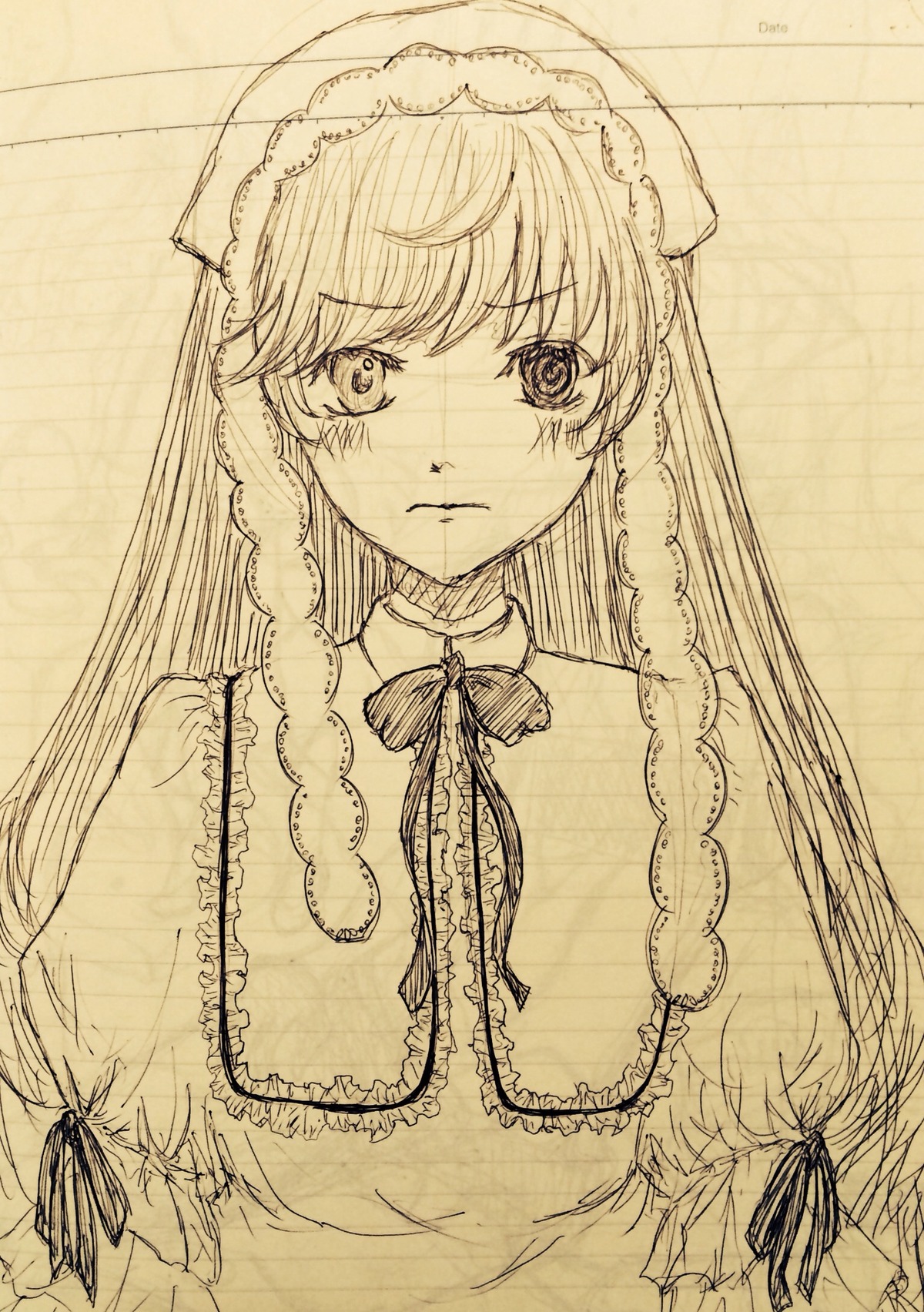 1girl auto_tagged blush frills hat image long_hair looking_at_viewer monochrome solo suiseiseki tears traditional_media upper_body