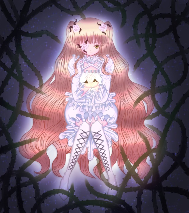 1girl blonde_hair boots cross-laced_footwear dress flower frills hair_ornament image kirakishou long_hair pink_hair plant rose sitting solo thorns tree two_side_up very_long_hair vines yellow_eyes
