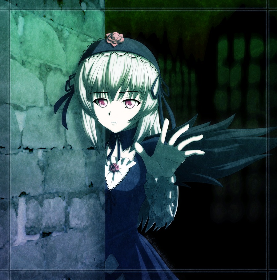 1girl black_wings detached_collar dress flower frills hairband image long_hair long_sleeves looking_at_viewer pale_skin pink_eyes rose silver_hair solo suigintou wings