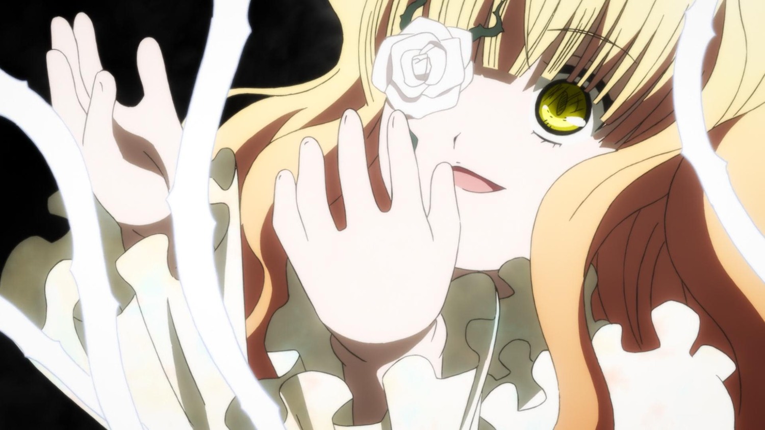 1girl blonde_hair flower hands image kirakishou long_hair open_mouth pink_rose rose smile solo white_flower white_rose yellow_eyes