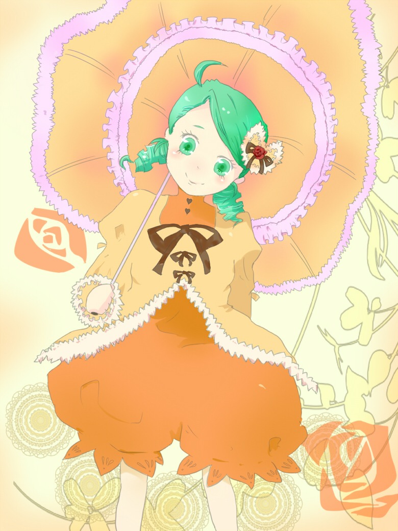 1girl ahoge bloomers blush drill_hair frills green_eyes green_hair holding_umbrella image kanaria long_sleeves parasol smile solo twin_drills umbrella underwear