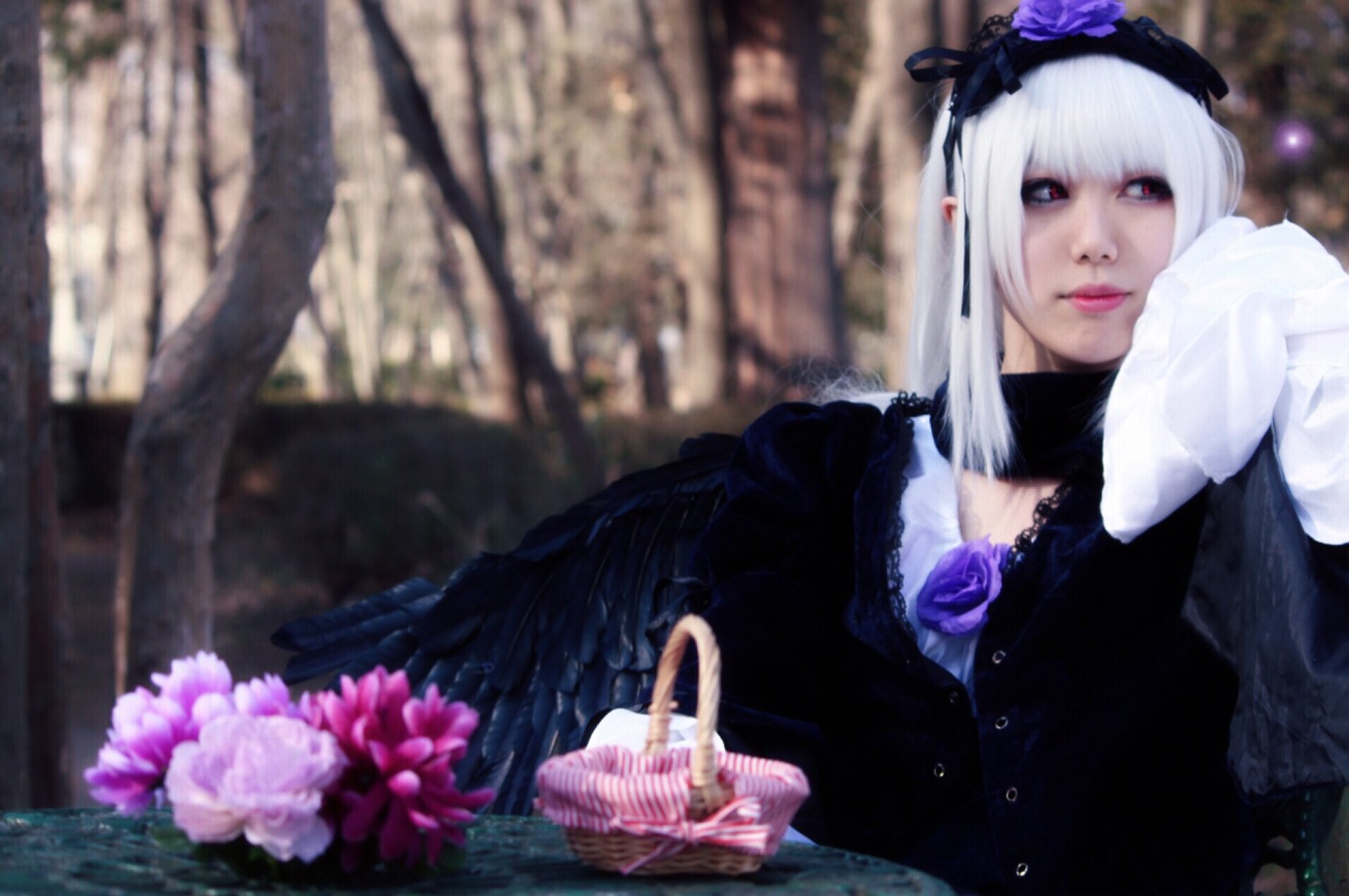 1girl 3d blurry blurry_background bouquet depth_of_field dress flower gothic_lolita lolita_fashion long_hair photo solo suigintou white_hair wings