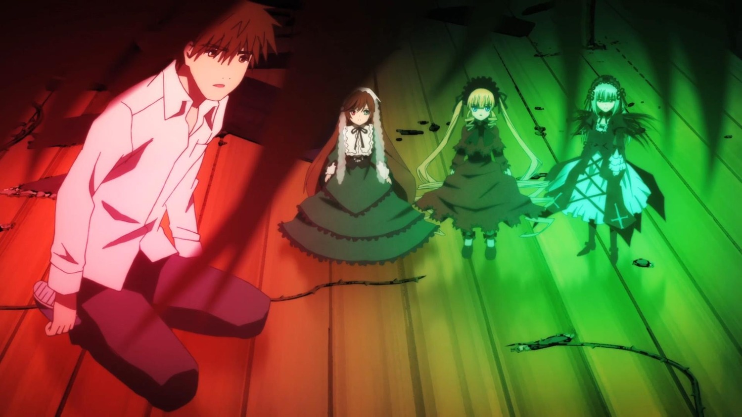 1boy brown_hair dress green_dress image long_hair multiple multiple_boys multiple_girls necktie short_hair tagme