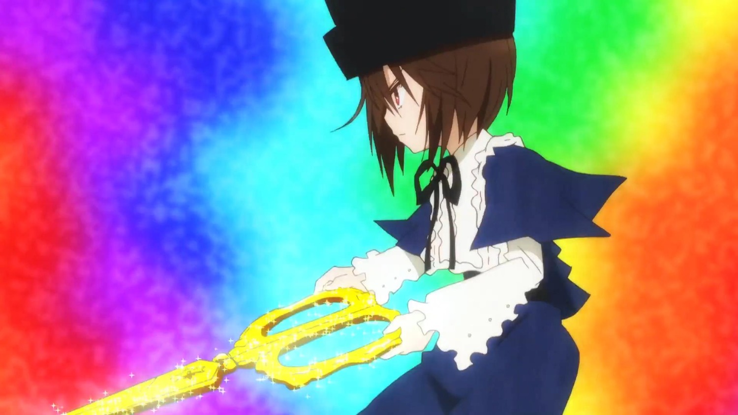 1girl auto_tagged black_ribbon brown_hair capelet dress frills hat image long_sleeves neck_ribbon profile red_eyes ribbon short_hair solo souseiseki