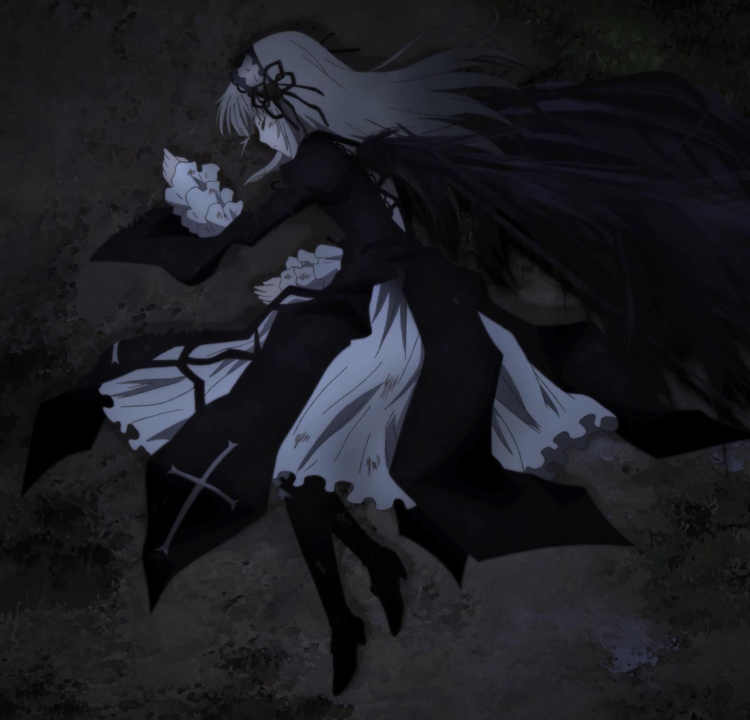 1girl boots dress flower frills hair_ribbon image long_hair long_sleeves profile ribbon solo suigintou very_long_hair wings