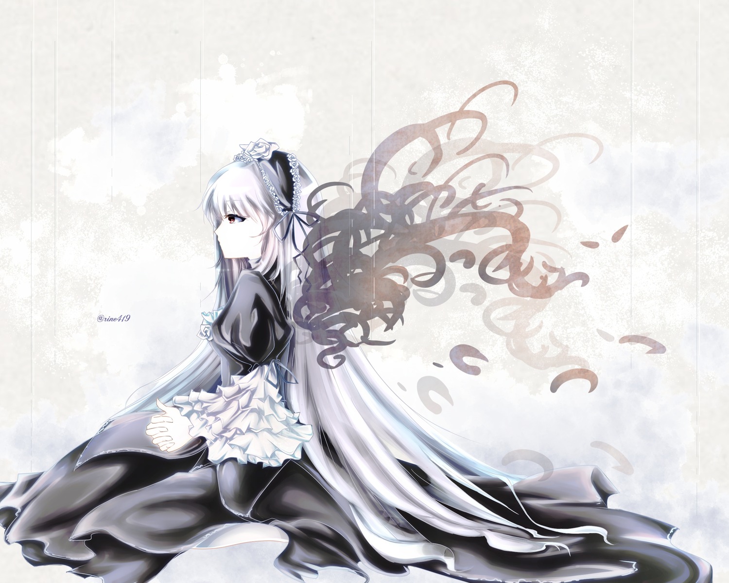 1girl black_ribbon dress flower frilled_sleeves frills hairband image long_hair long_sleeves ribbon rose silver_hair solo suigintou very_long_hair wings