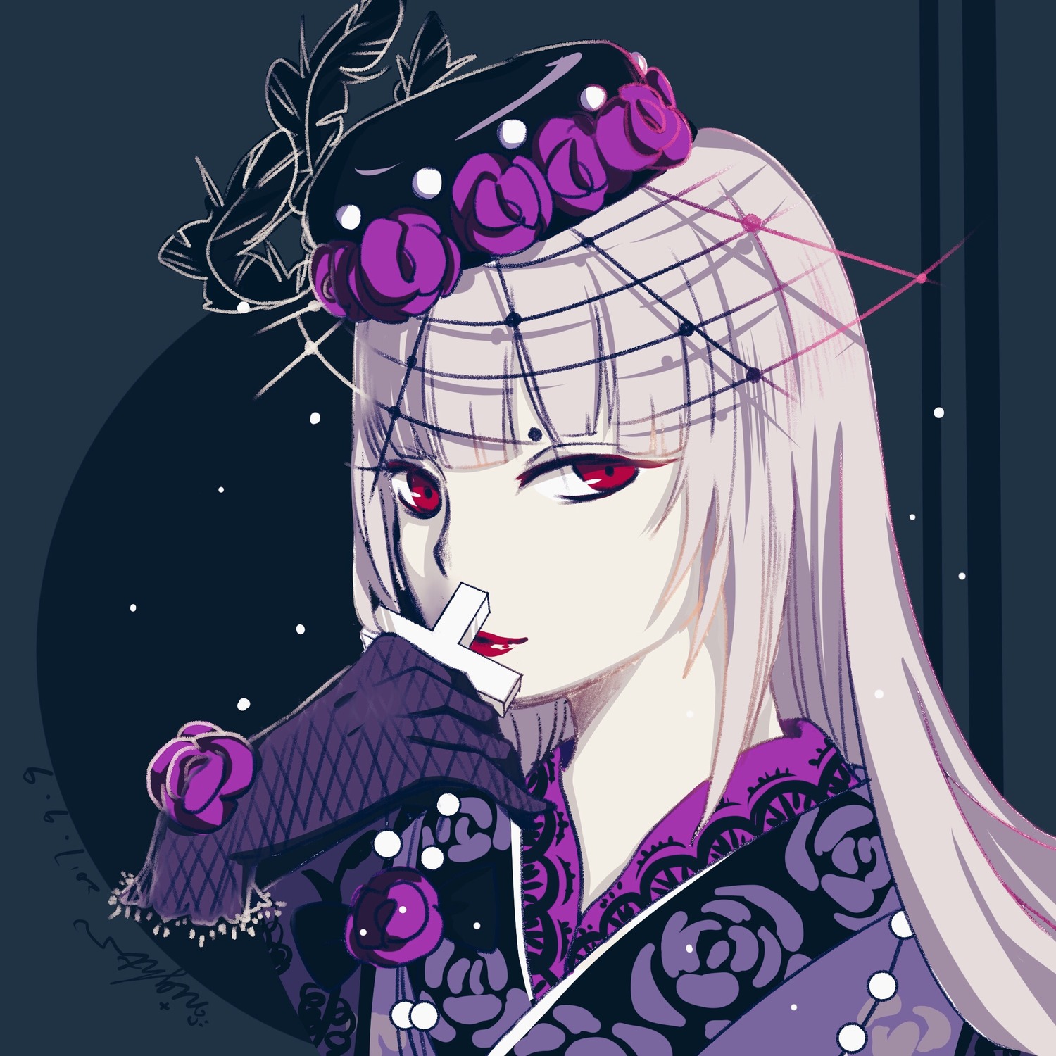 1girl flower food image japanese_clothes kimono long_hair looking_at_viewer red_eyes solo suigintou