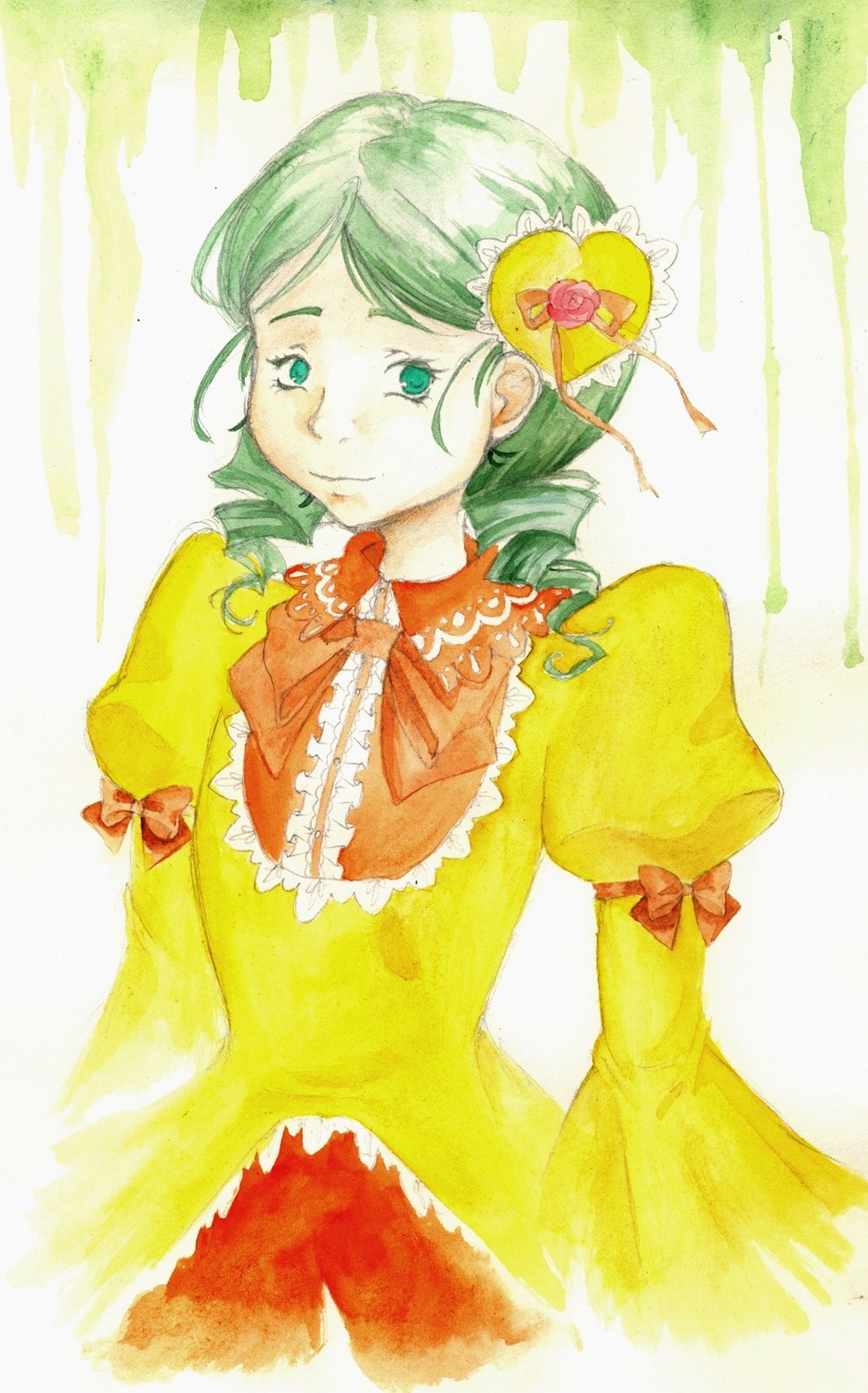 1girl bow dress drill_hair frills green_hair hair_ornament heart_hair_ornament image juliet_sleeves kanaria long_sleeves puffy_sleeves solo twin_drills