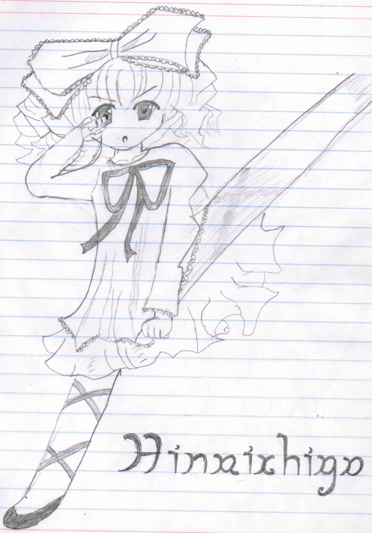 1girl blush bow dress full_body hair_bow hinaichigo image looking_at_viewer monochrome ribbon solo standing