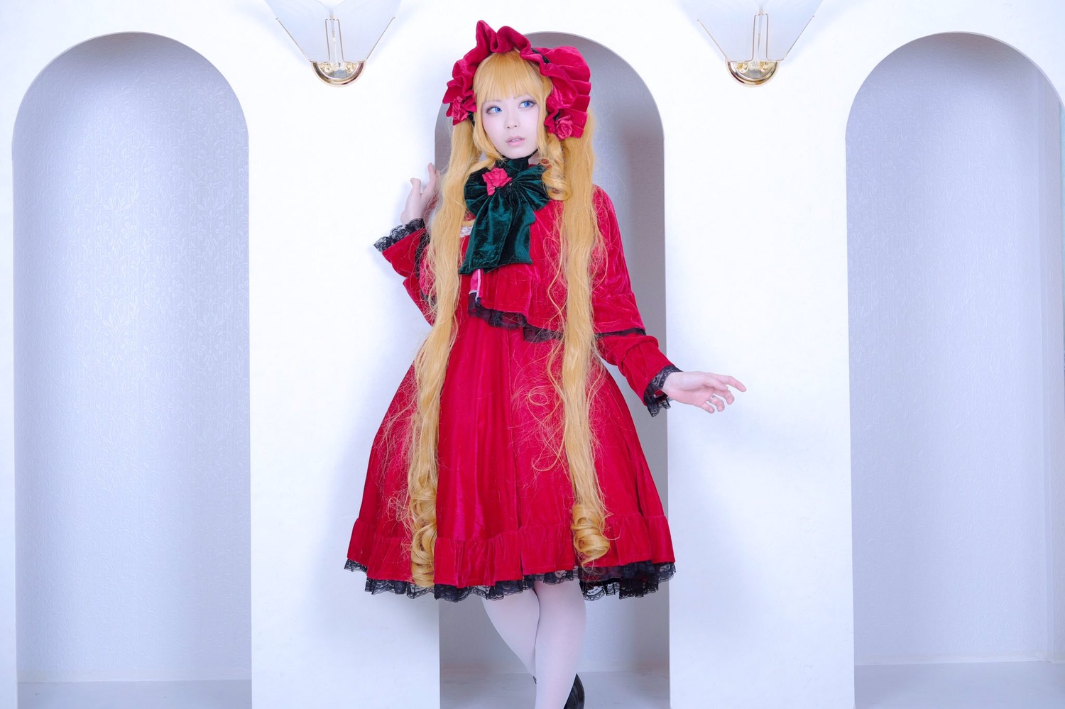 1girl blonde_hair blue_eyes bow curtains dress flower long_hair long_sleeves mirror red_dress rose shinku solo standing