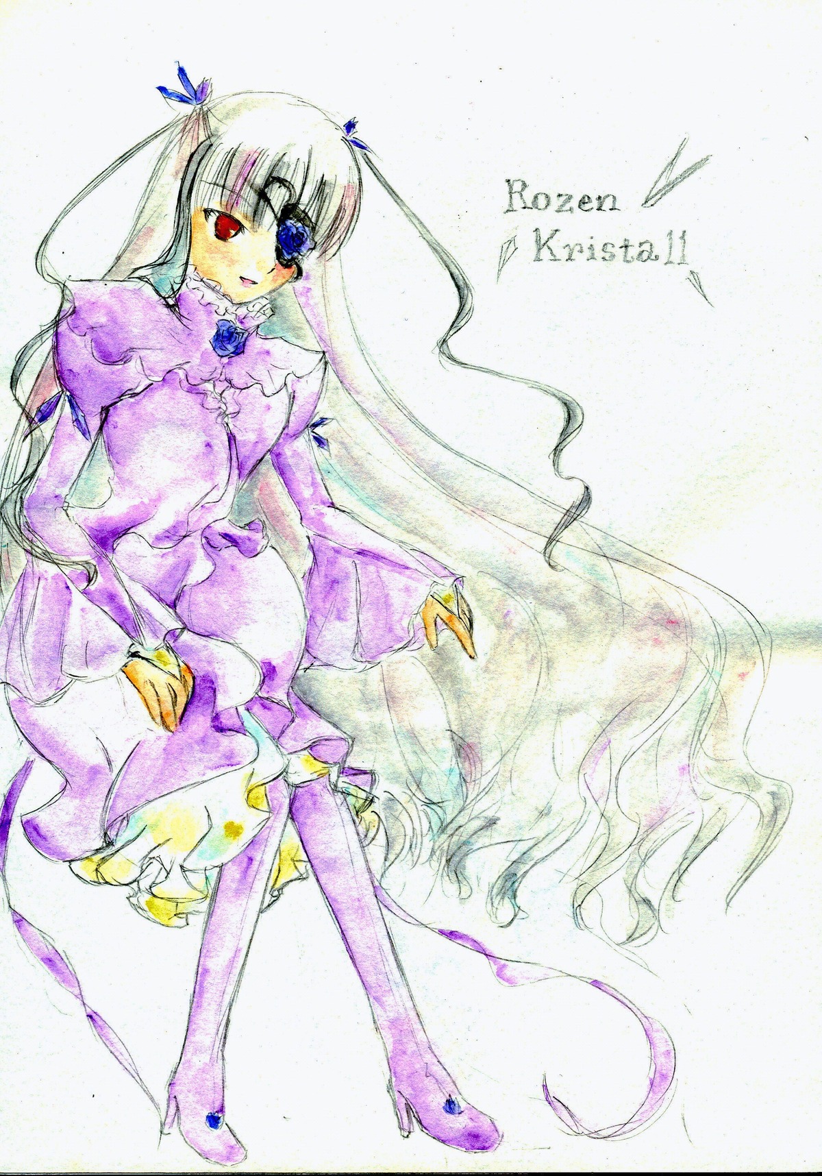 1girl barasuishou boots dress eyepatch flower frills high_heels image long_hair long_sleeves purple_dress purple_legwear red_eyes rose solo standing thigh_boots traditional_media very_long_hair