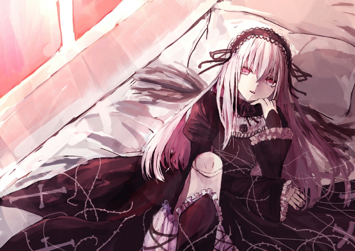 1girl dress frills hairband image lolita_hairband long_hair long_sleeves looking_at_viewer pink_eyes red_eyes rose sitting solo suigintou very_long_hair wings