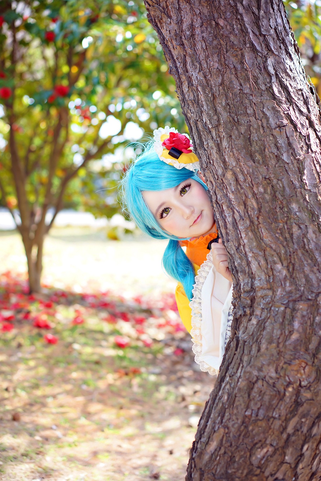 1girl blue_hair blurry blurry_background brown_eyes depth_of_field dress flower hair_flower hair_ornament kanaria lips looking_at_viewer photo solo