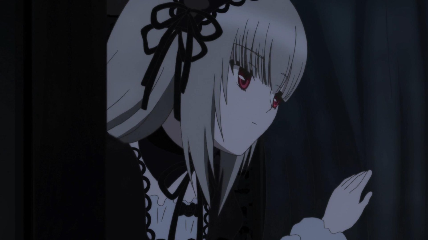 1girl bangs black_dress black_ribbon closed_mouth dress expressionless eyebrows_visible_through_hair hair_ribbon hairband image long_hair long_sleeves red_eyes ribbon silver_hair solo suigintou