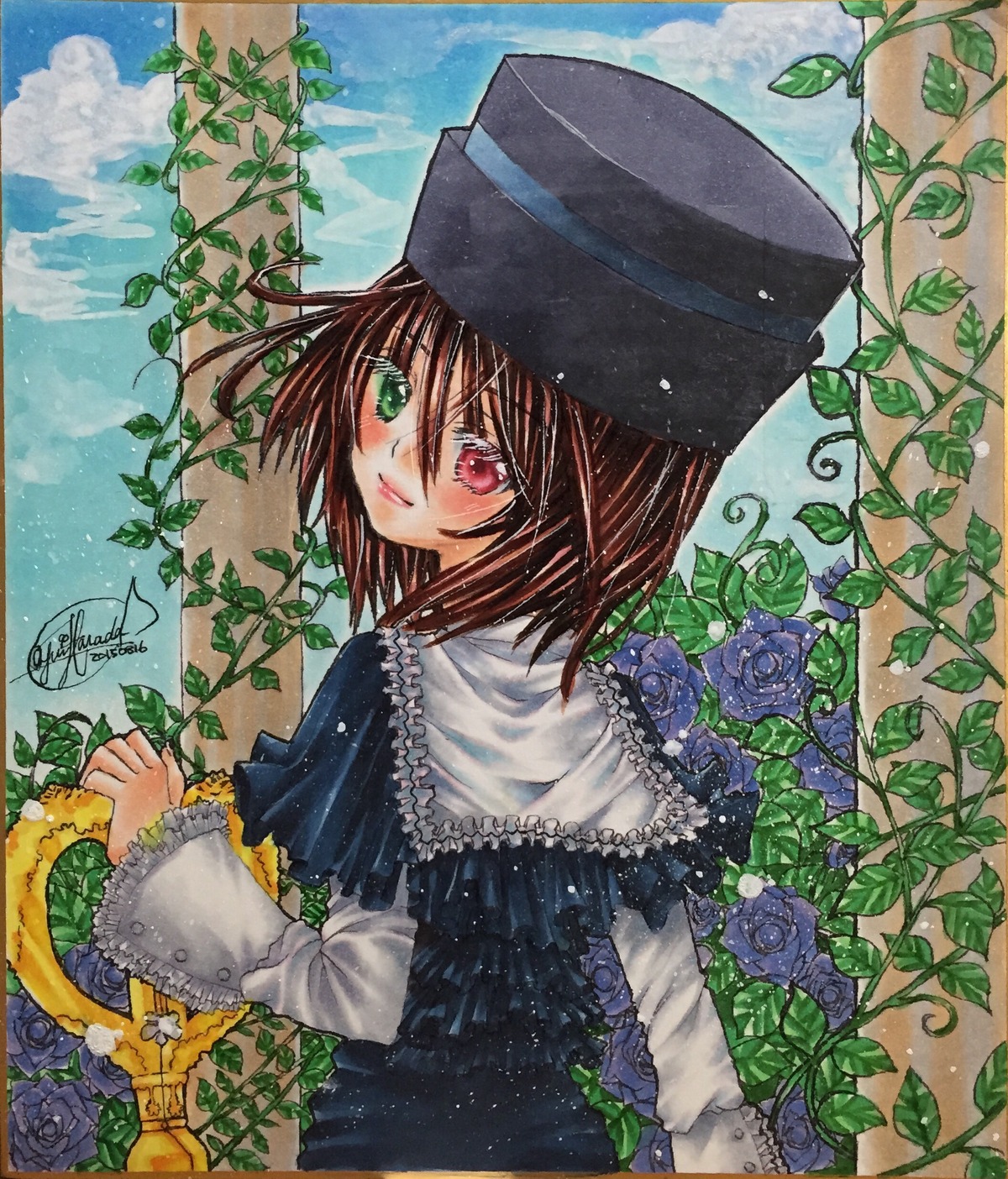 1girl artist_name blue_flower blue_rose blush brown_hair cloud flower green_eyes hat heterochromia image leaf long_sleeves looking_at_viewer looking_back marker_(medium) pastel_(medium) plant purple_rose red_eyes rose short_hair signature sky solo souseiseki suiseiseki thorns traditional_media vines watercolor_(medium)