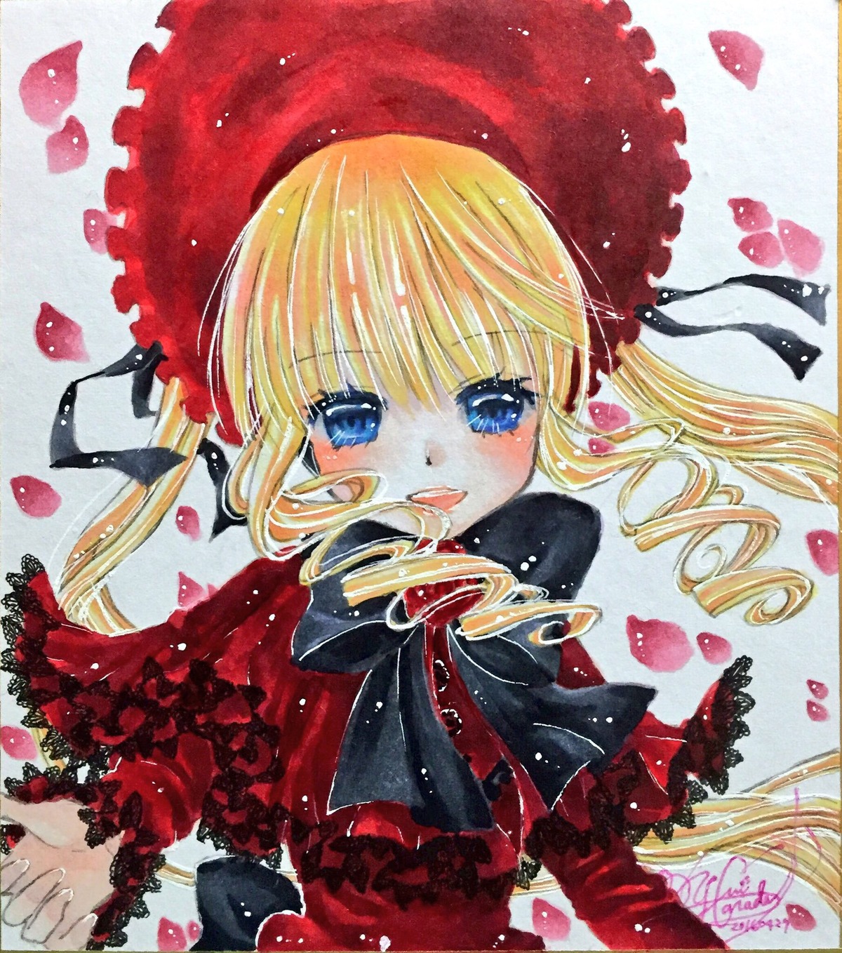 1girl artist_name black_ribbon blonde_hair blue_eyes blush bow drill_hair eyebrows_visible_through_hair frills hair_ribbon image long_hair looking_at_viewer marker_(medium) millipen_(medium) open_mouth petals red_capelet ribbon rose_petals sample shikishi shinku signature smile solo traditional_media twin_drills twintails upper_body watercolor_(medium)