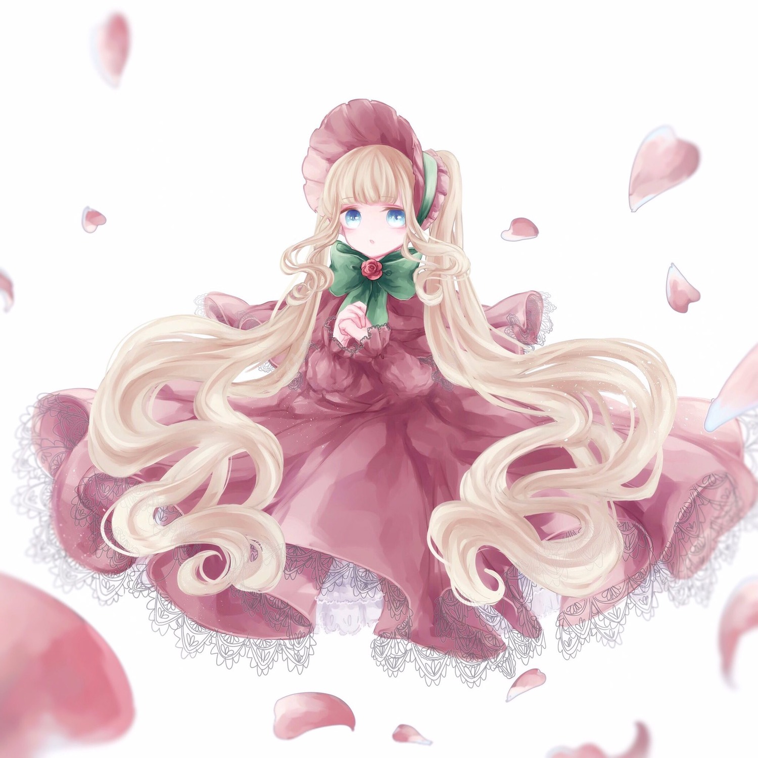 1girl bangs blonde_hair blue_eyes bonnet bow bowtie cup dress flower green_bow image long_hair long_sleeves looking_at_viewer pantyhose petals pink_flower pink_rose red_dress rose shinku sitting solo striped teacup twintails very_long_hair