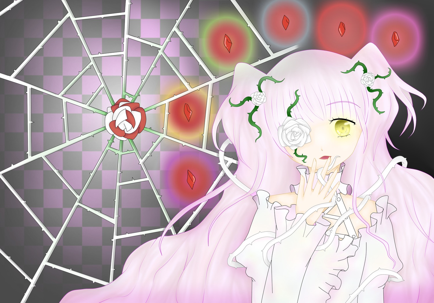1girl argyle argyle_background checkered checkered_background checkered_floor chess_piece dress eyepatch flower image kirakishou long_hair petals rose rose_petals solo tile_floor tiles vines white_hair yellow_eyes