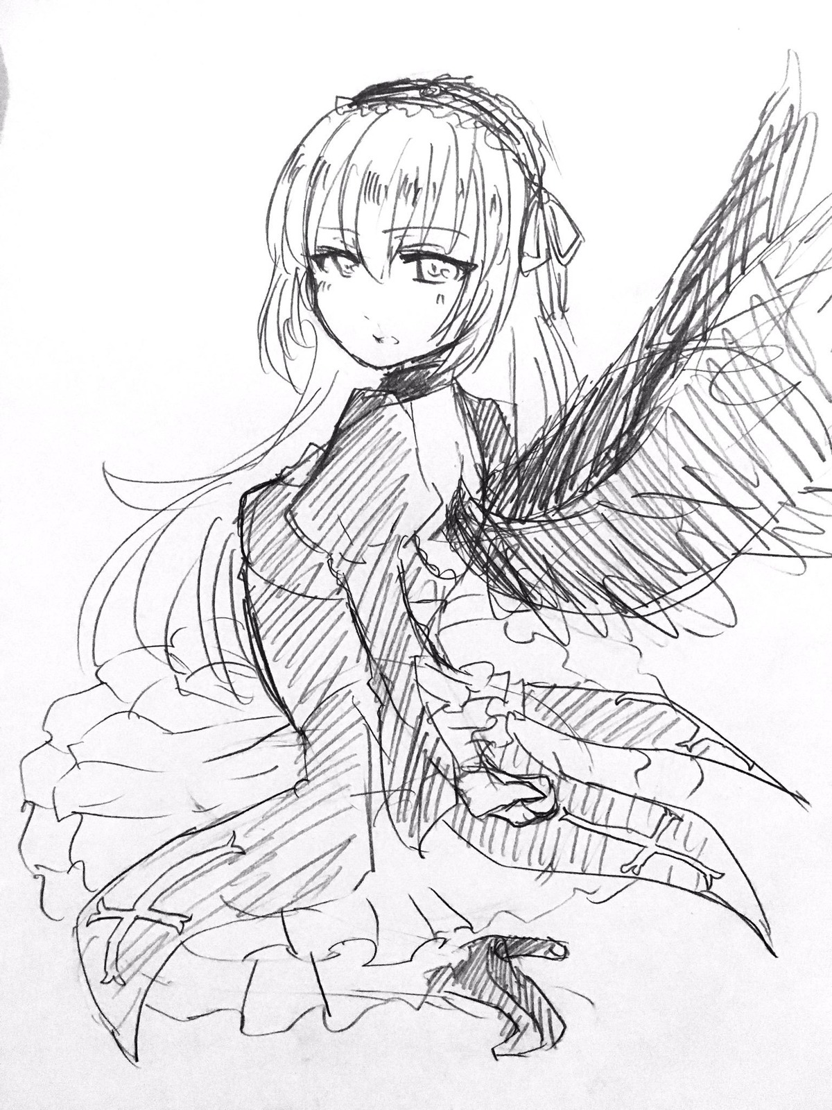 1girl dress eyebrows_visible_through_hair greyscale hairband high_heels image lolita_hairband long_hair long_sleeves looking_at_viewer monochrome sketch solo suigintou white_background wings
