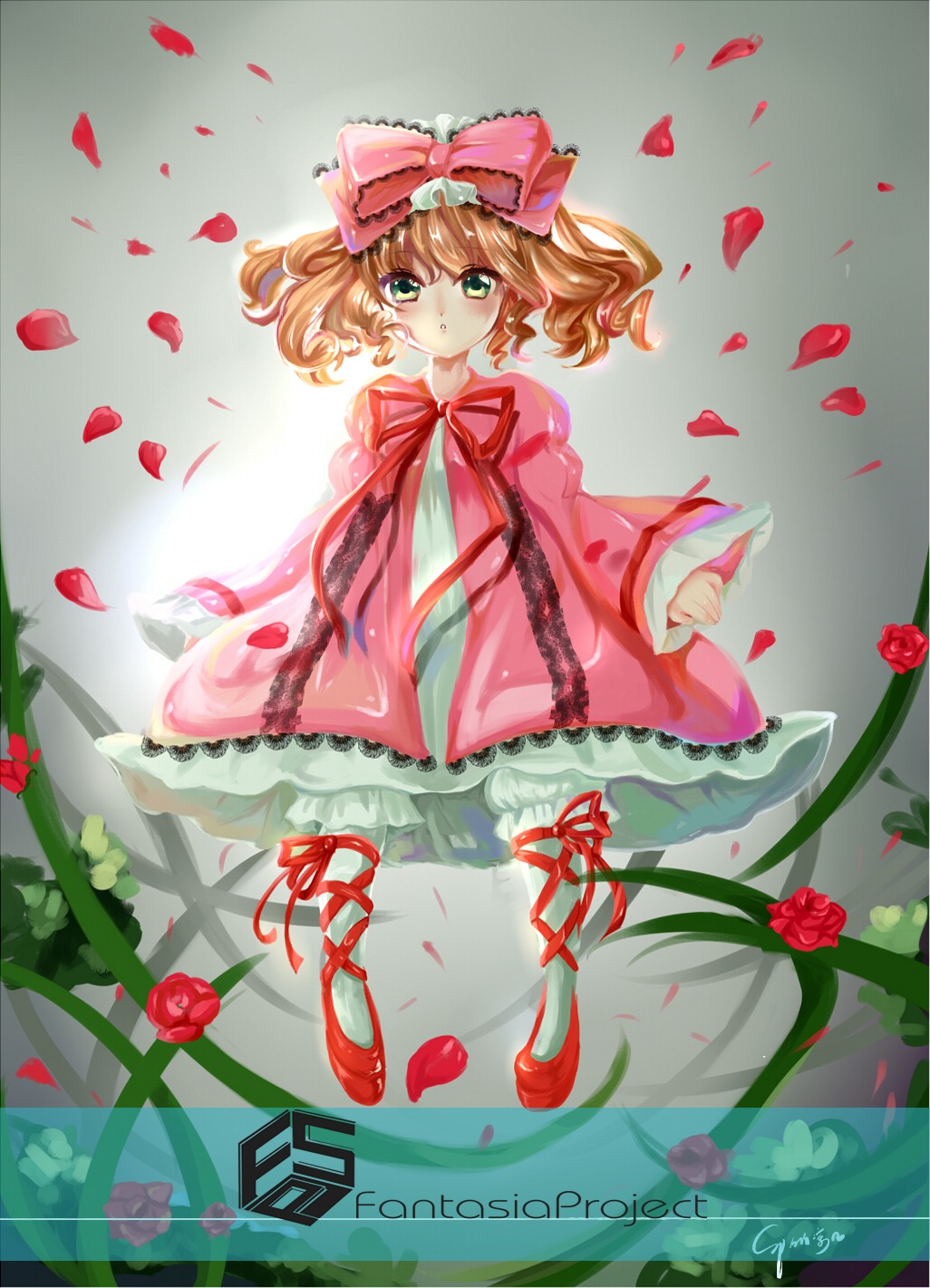 1girl bow brown_hair dress flower frills green_eyes hair_bow hina_ichigo hinaichigo image pantyhose petals pink_bow pink_dress red_flower red_rose ribbon rose rose_petals short_hair solo