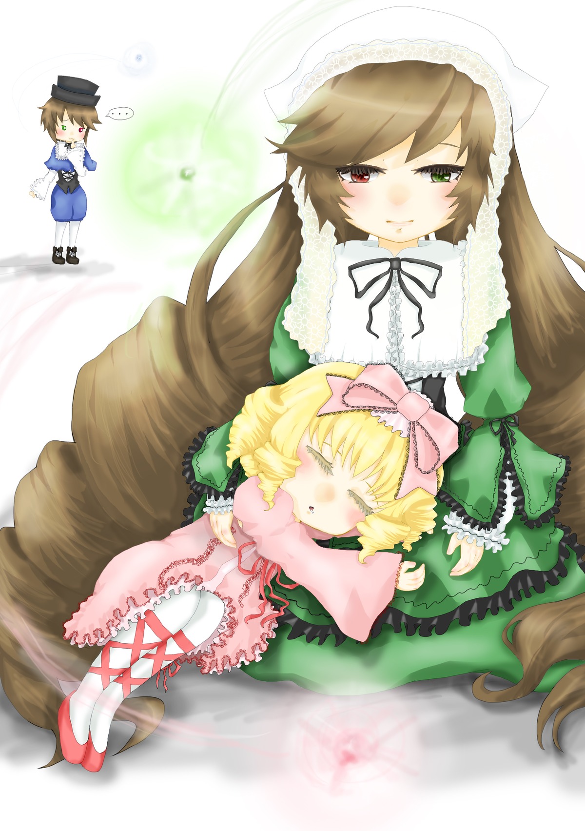 2girls 3girls blonde_hair blue_dress blush bow brown_hair closed_eyes dress drill_hair frills green_dress green_eyes hat heterochromia hina_ichigo image long_hair long_sleeves multiple multiple_girls pink_bow red_eyes ribbon short_hair siblings sisters sleeping suiseiseki tagme twin_drills twins very_long_hair zzz