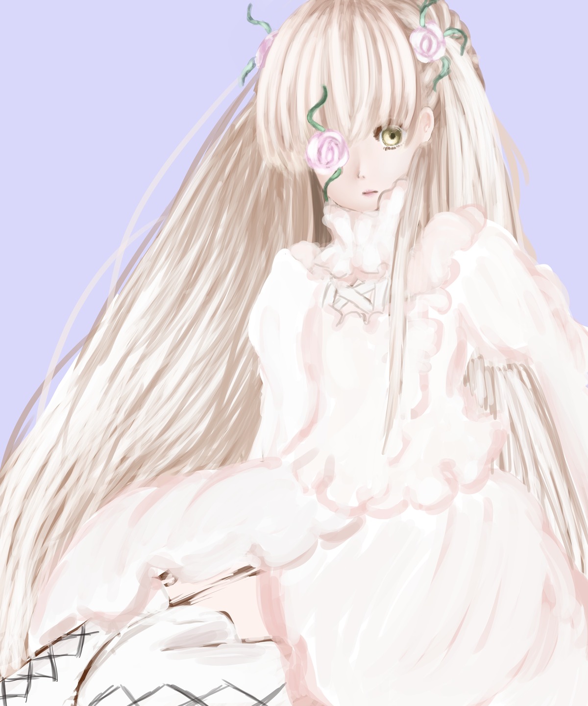 1girl bangs doll_joints dress eyepatch flower hair_flower image kirakishou long_hair long_sleeves pink_rose rose simple_background solo striped vertical_stripes very_long_hair white_flower