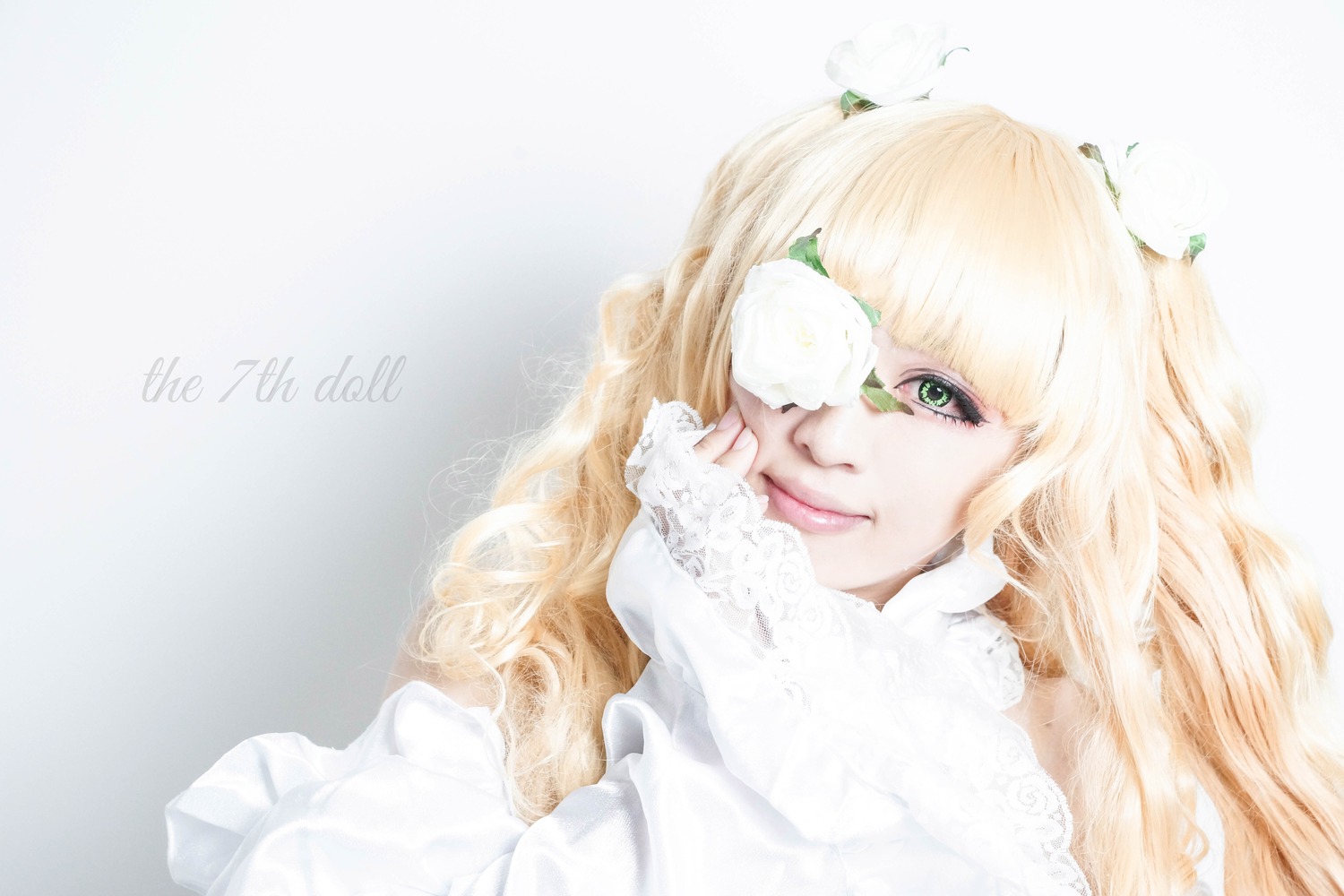 1girl bangs blonde_hair closed_mouth eyepatch flower green_eyes kirakishou lips long_hair portrait solo striped vertical_stripes