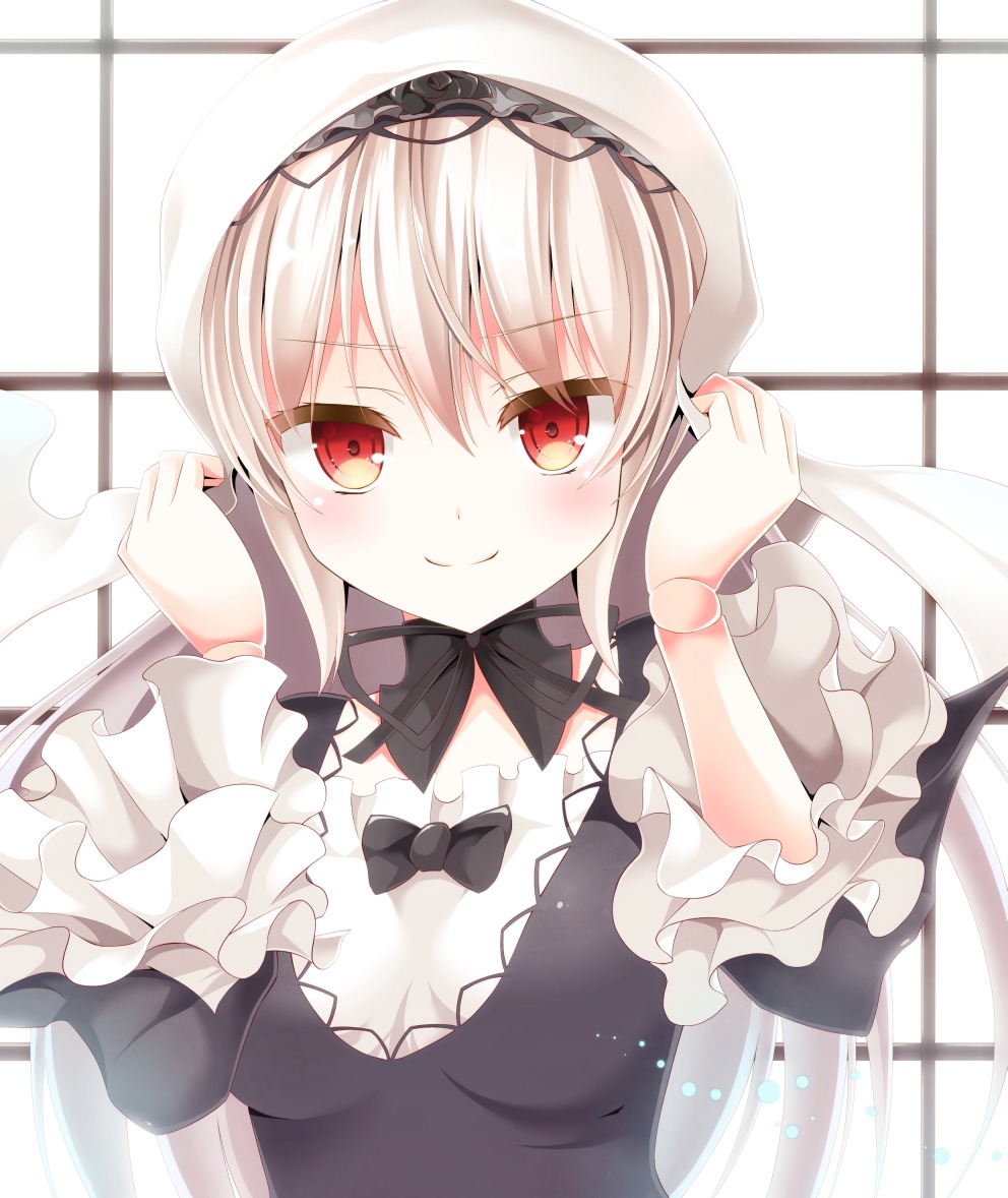 1girl aibumi auto_tagged bad_id bad_pixiv_id bangs black_bow black_dress blush bonnet bow closed_mouth doll_joints dress eyebrows_visible_through_hair frills gothic_lolita hands_up image indoors joints lolita_fashion long_hair long_sleeves looking_at_viewer red_eyes rozen_maiden silver_hair smile solo suigintou upper_body wide_sleeves window