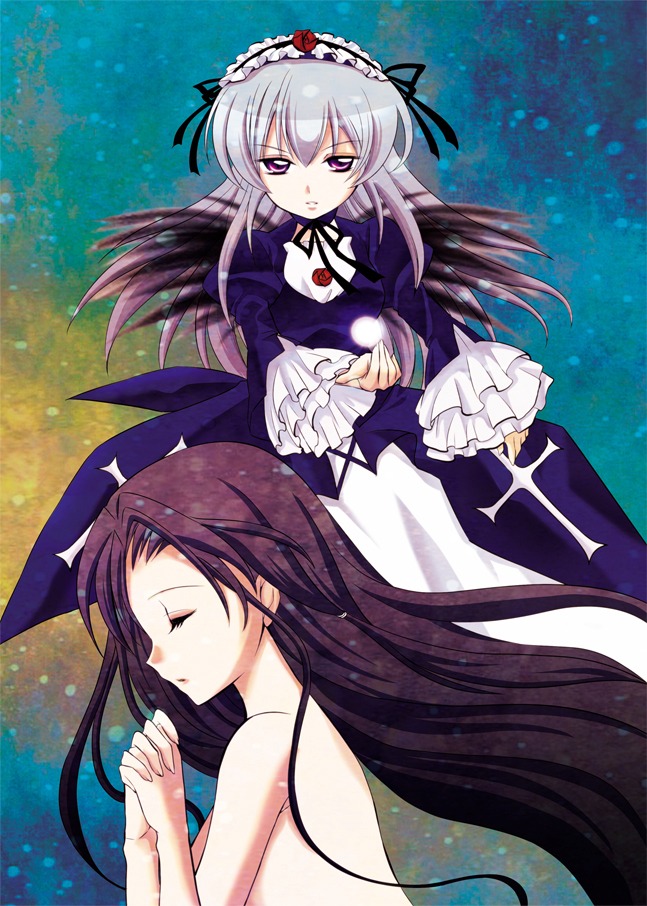 2girls bad_id bad_pixiv_id black_hair black_wings bow brown_hair choker closed_eyes dress flower frills grey_hair hairband hands_clasped hatori_kumi image kakizaki_megu long_hair long_sleeves meimei multiple_girls own_hands_together purple_eyes red_flower red_rose ribbon rose rozen_maiden silver_hair solo suigintou wings