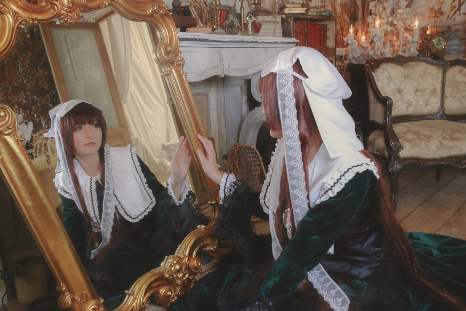1girl brown_hair curtains dress habit indoors long_hair long_sleeves maid mirror nun painting_(object) reflection sitting solo suiseiseki