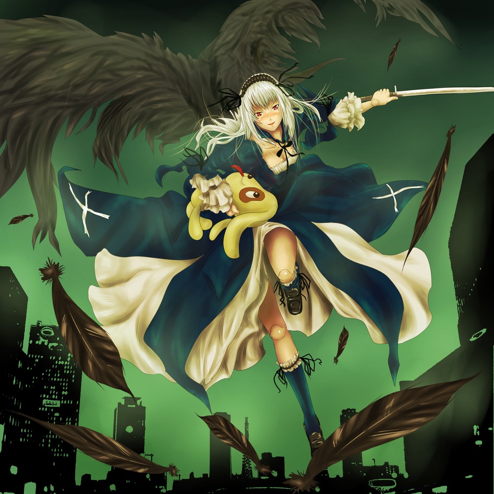 1girl amiba48 bad_id bad_pixiv_id black_wings blush breasts city doll_joints dress feathers frills hairband image joints kunkun long_hair red_eyes rozen_maiden silver_hair solo suigintou sword weapon wings