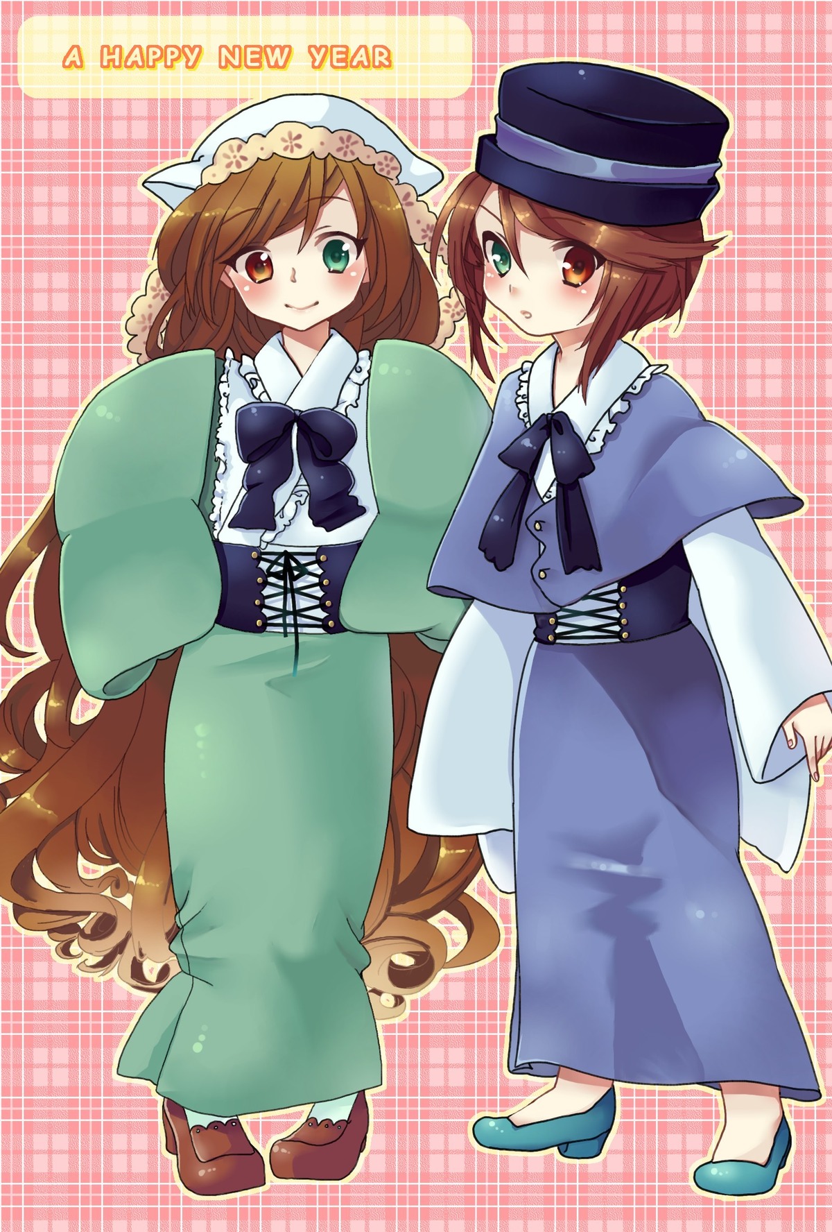 2girls blue_dress bow brown_hair dress frills green_eyes hat heterochromia image long_hair long_sleeves multiple_girls pair plaid_background red_eyes short_hair siblings sisters smile souseiseki suiseiseki twins very_long_hair