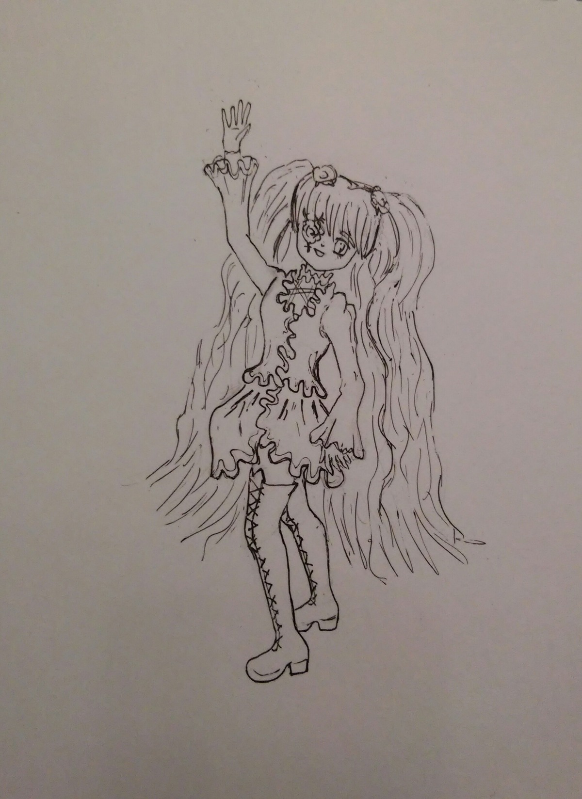 1girl boots bow dress full_body glasses hair_ornament image kirakishou long_hair monochrome smile solo standing thighhighs traditional_media twintails very_long_hair