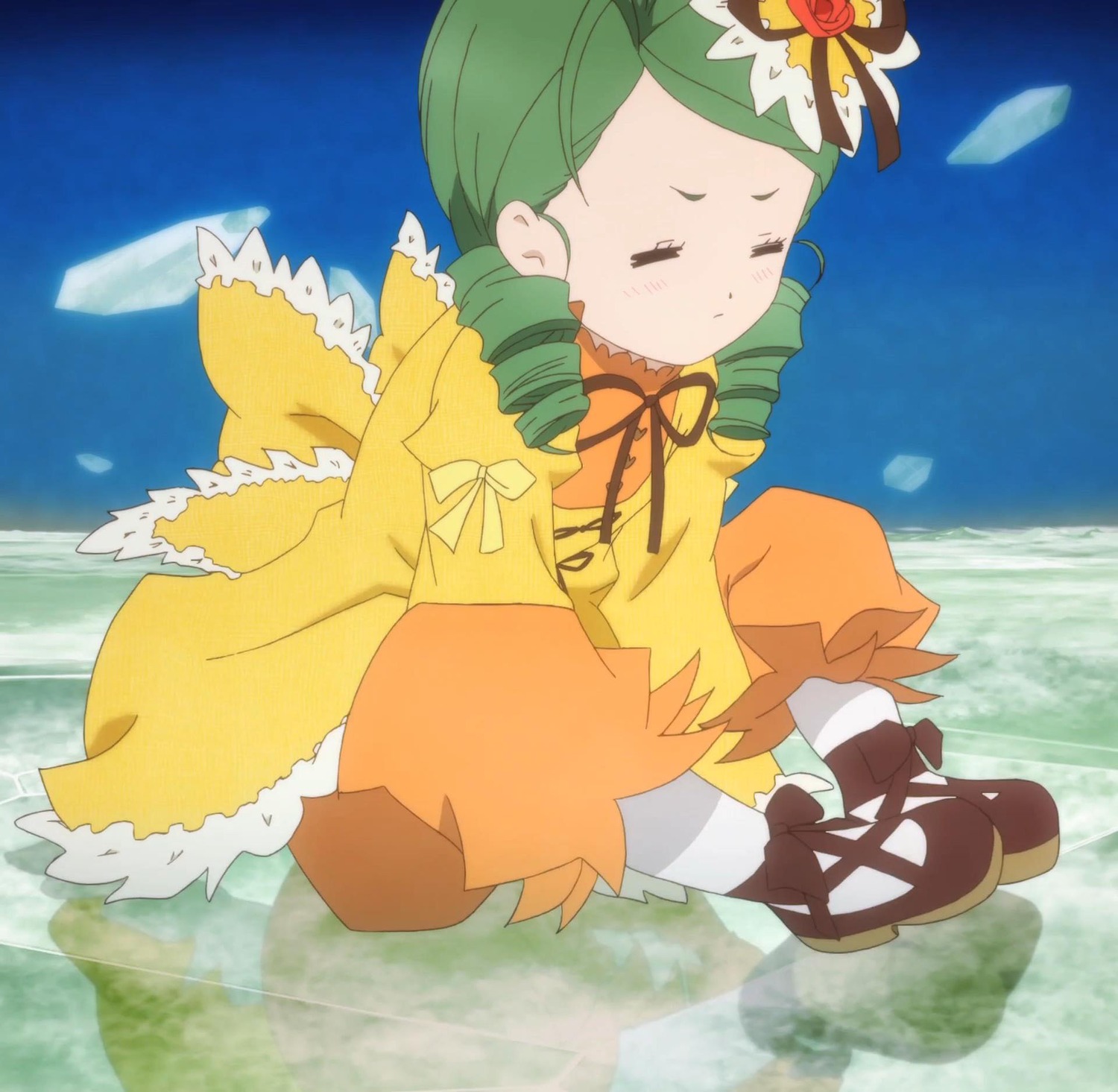 1girl blush closed_eyes dress drill_hair flower green_hair hat image kanaria long_sleeves rose solo tears water yellow_dress