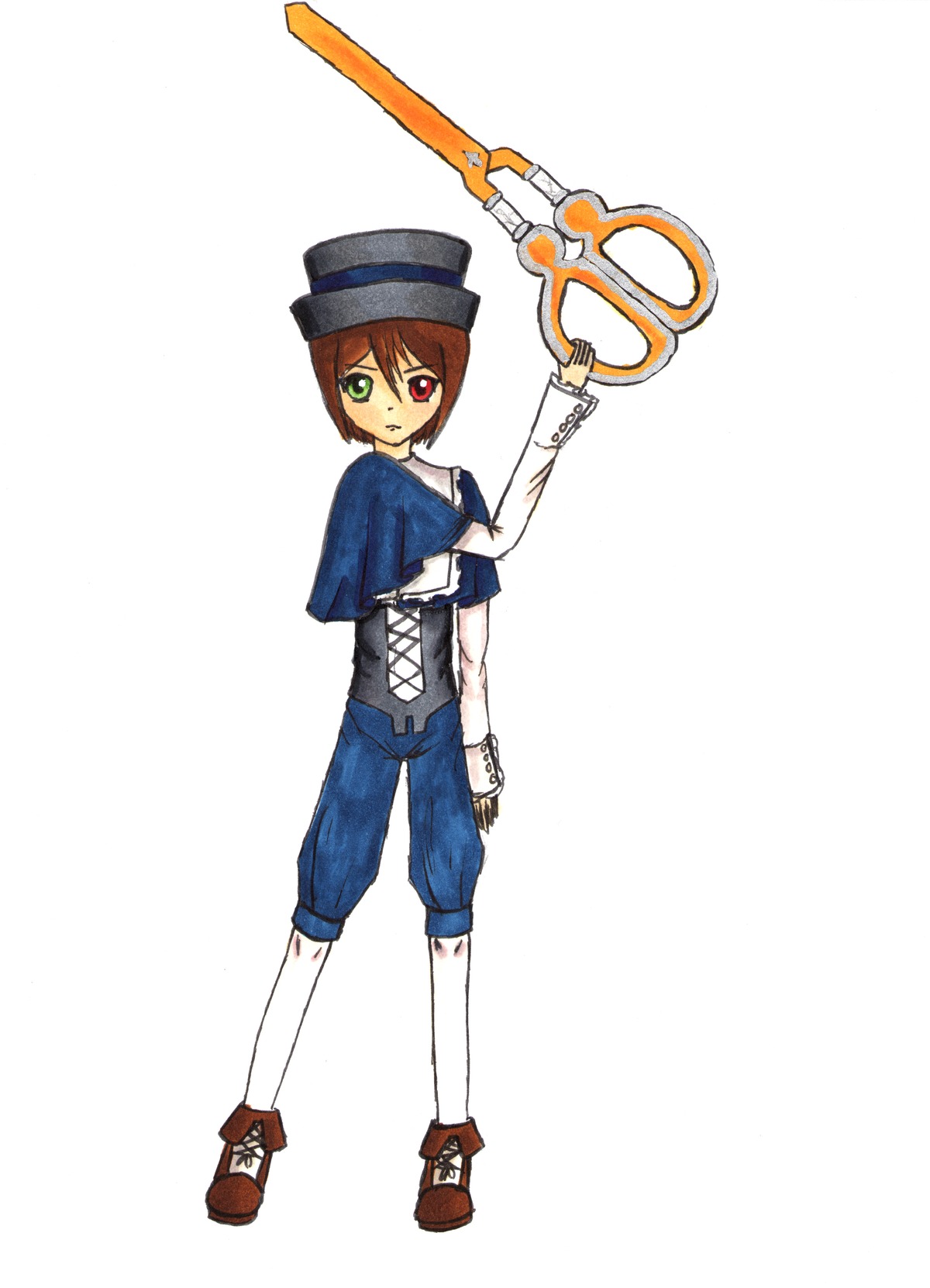 1girl brown_hair full_body green_eyes hat heterochromia image long_sleeves looking_at_viewer pants red_eyes short_hair simple_background solo souseiseki standing white_background