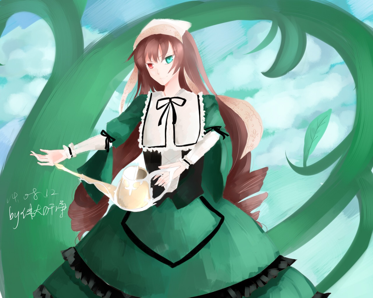 1girl brown_hair dress frills green_dress green_eyes heterochromia image long_hair long_sleeves looking_at_viewer plant red_eyes solo suiseiseki very_long_hair watering_can