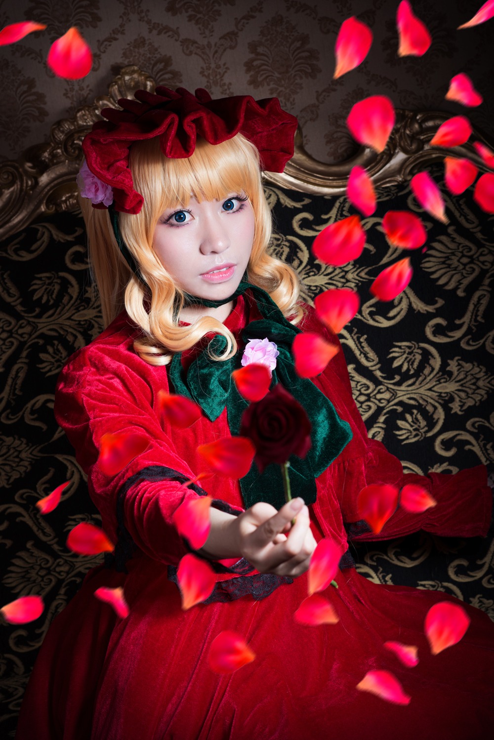 1girl blonde_hair blue_eyes dress flower lips looking_at_viewer petals red_dress red_flower red_rose rose rose_petals shinku solo