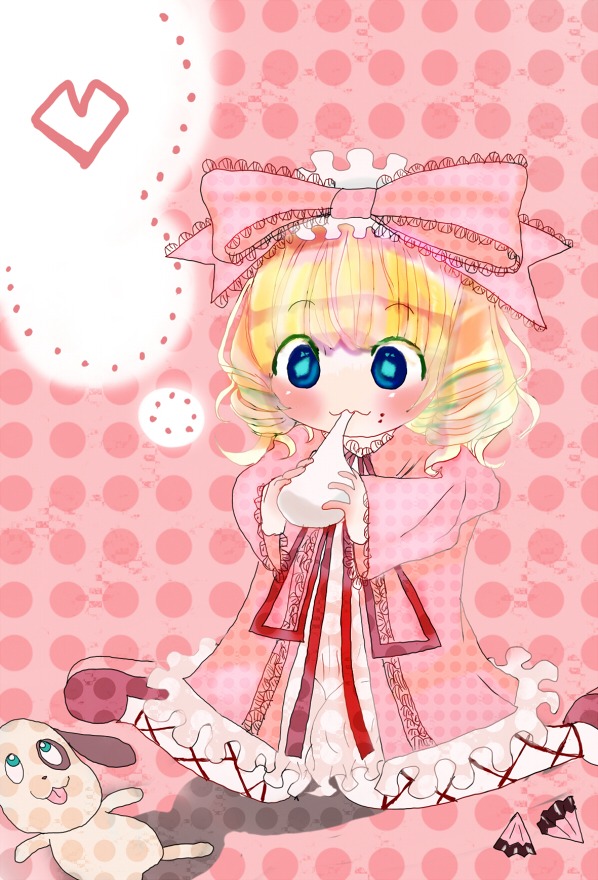 1girl blonde_hair blue_eyes blush bow cake dress eating food food_on_face frills hair_bow halftone halftone_background heart hina_ichigo hinaichigo image long_sleeves medicine_melancholy pink_bow polka_dot polka_dot_background ribbon short_hair smile solo