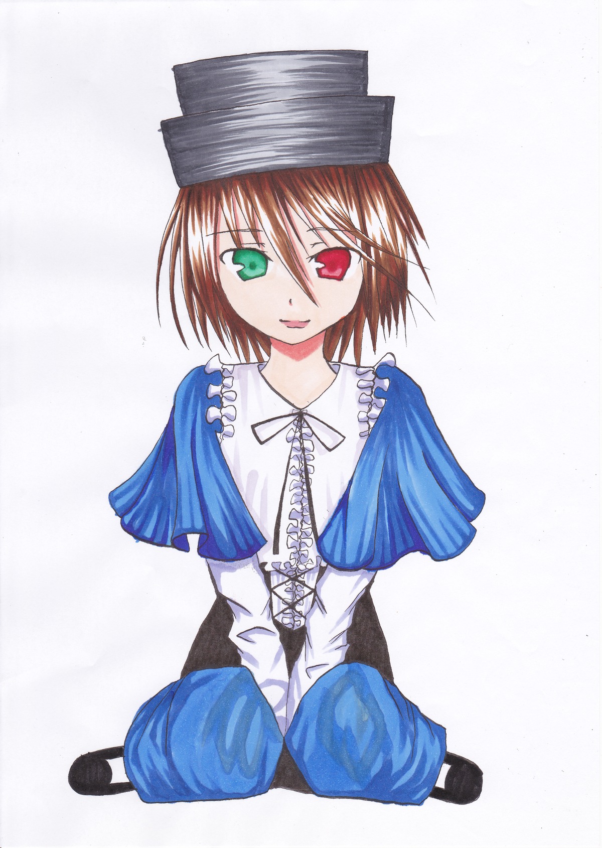 1girl blue_dress brown_hair capelet dress full_body green_eyes heterochromia image long_sleeves looking_at_viewer red_eyes short_hair simple_background sitting smile solo souseiseki