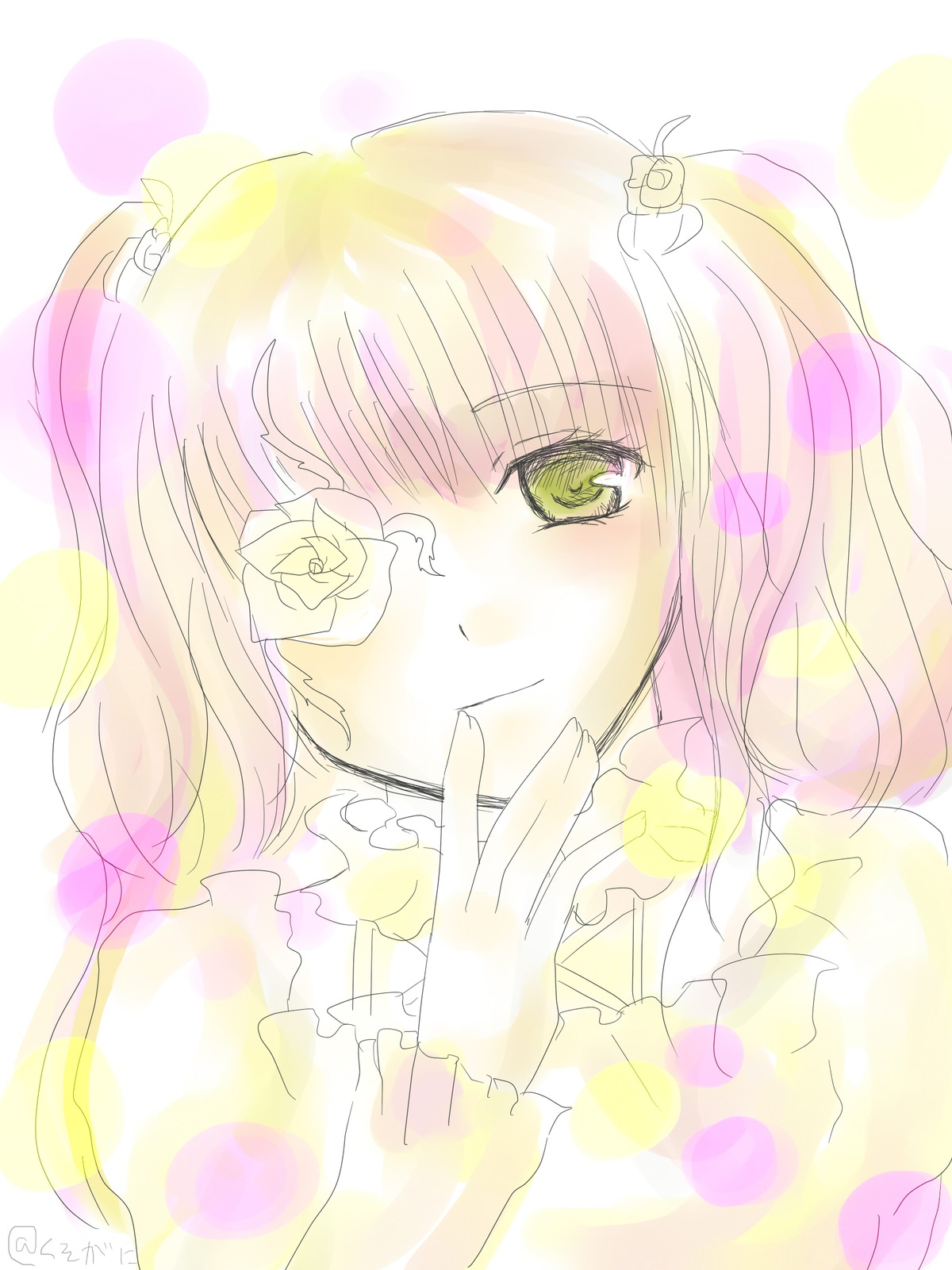 1girl auto_tagged blonde_hair blush flower hair_ornament image kirakishou long_hair looking_at_viewer pink_hair rose smile solo striped striped_background upper_body vertical_stripes