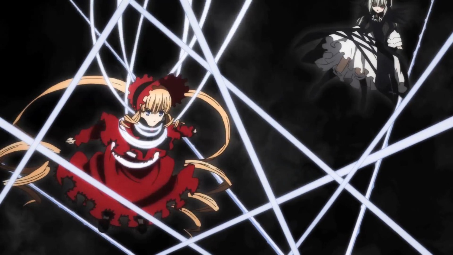 1girl blonde_hair dress frills image long_sleeves pair red_dress shinku suigintou weapon