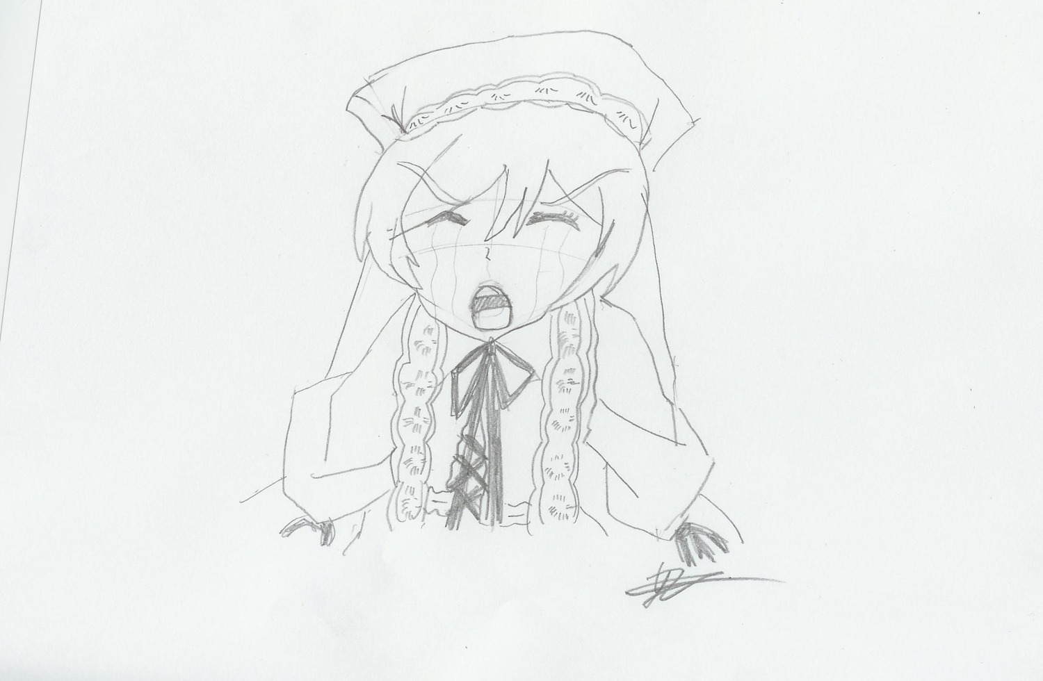1girl animal_ears closed_eyes image long_sleeves monochrome open_mouth ribbon solo suiseiseki tears upper_body